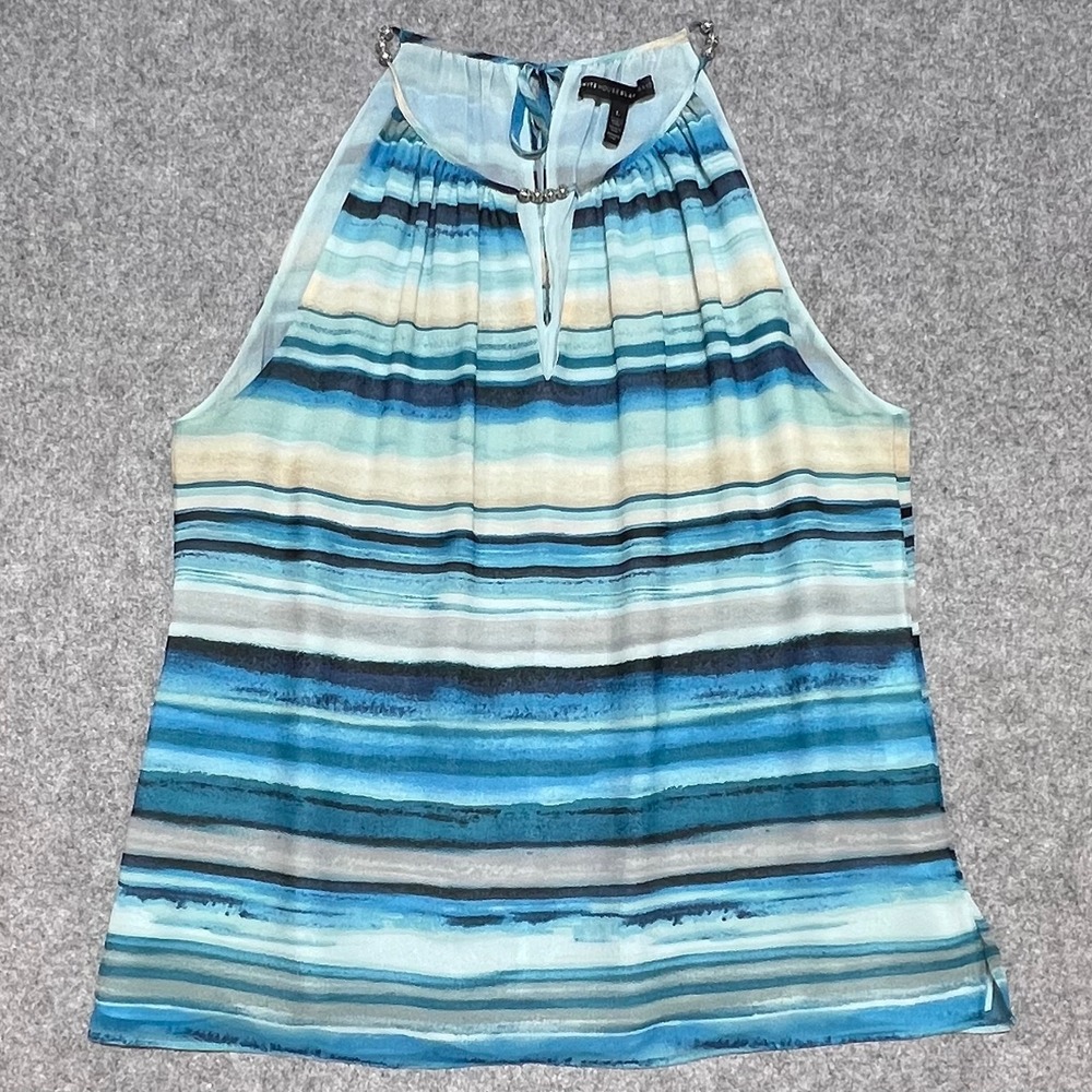 White House Black Market Blue Striped Beaded Halter Top Large L Watercolor Tank
